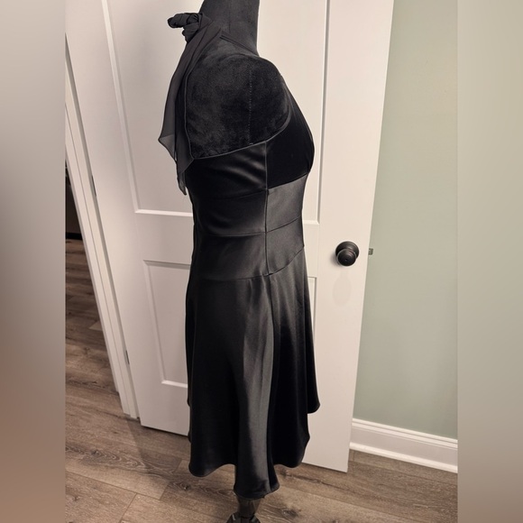 Cache Black Satin fit and flare halter Dress gold embellishment flattering - Picture 4 of 9